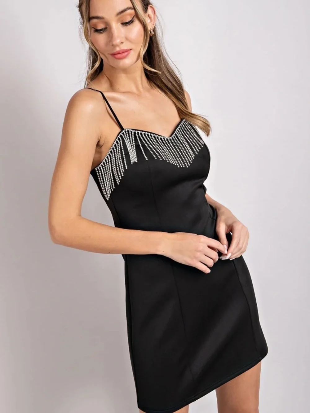 NWT Sleek Black Spaghetti Strap Body Con Dress with Rhinestone Fringe